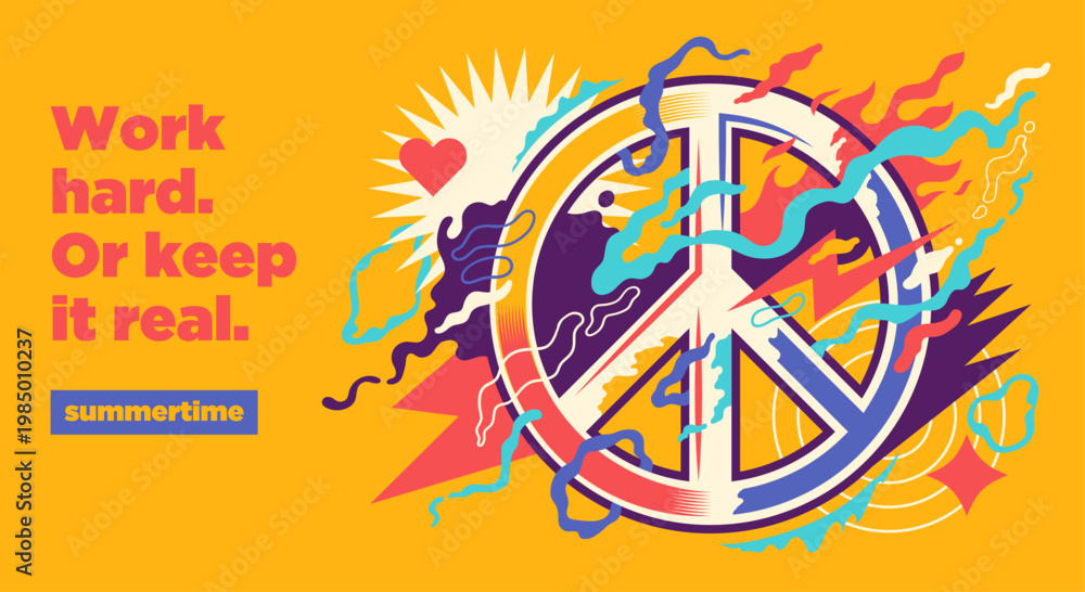 Obraz premium Vibrant summer graphic with a bold peace symbol, abstract elements, and motivational text in a retro style. Vector illustration.