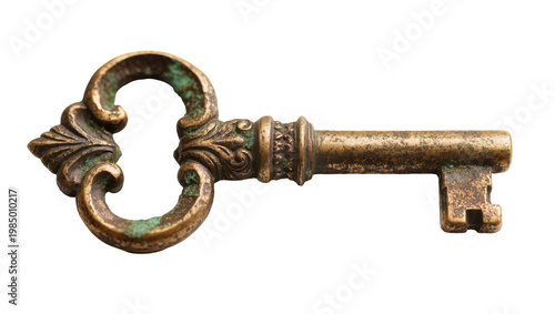 Vászonkép Antique ornate brass skeleton key with verdigris patina, isolated on transparent
