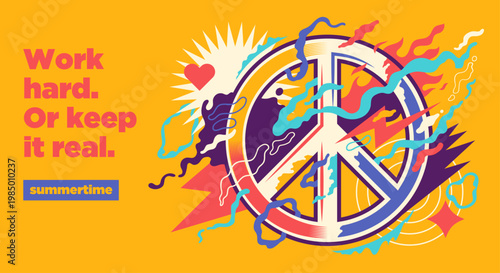Vibrant summer graphic with a bold peace symbol, abstract elements, and motivational text in a retro style. Vector illustration.