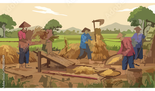 Farmers threshing rice traditional agriculture vector