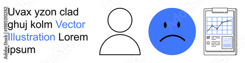 Emotions, evaluation, user feedback, data analytics, emotional state, business performance. Outline of a person, sad face and clipboard with graph. Emotions and evaluation concept