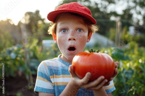 A young boy with freckles and a red cap holding a giant tomato bigger than his hand, surprised expression, garden background