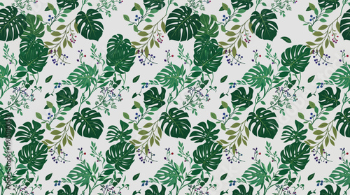 Seamless diagonal tropical green leaf pattern with monstera.
