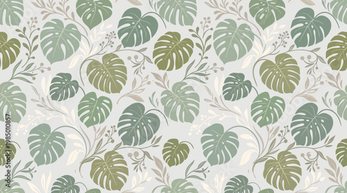 Seamless tropical monstera leaf pattern with muted green tones.