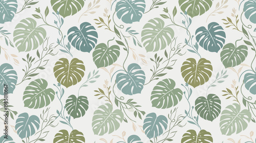 Seamless tropical monstera leaf pattern in muted colors.