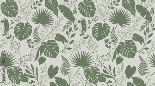 Seamless botanical tropical leaf pattern in muted green tones.