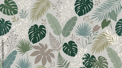Seamless tropical botanical leaf pattern with muted green tones.