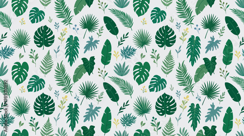 Seamless tropical leaf pattern with green monstera and palm foliage on white background.
