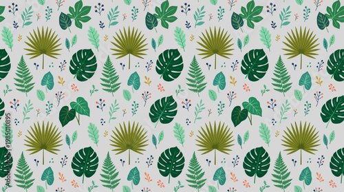Seamless tropical leaf and floral pattern with green foliage.