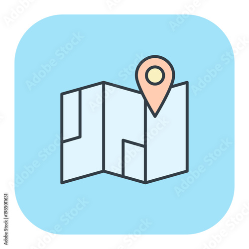 Flat icon of a paper tourist map with destination location pin. Vector illustration for travel and vacation design