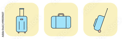 Flat vector icons of blue travel suitcases and luggage. Illustrations for summer and vacation design