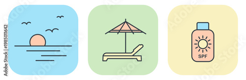 Flat vector icons of summer beach elements: sunset, chaise lounge, and sunscreen. Illustrations for summer design