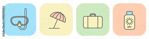 Flat vector icons of diving mask, beach umbrella, suitcase, and sunscreen lotion. Illustrations for summer and vacation design