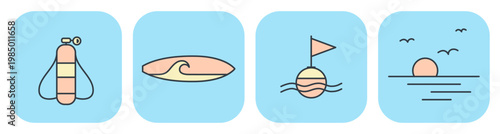 Flat vector icons of oxygen tank, surfboard, buoy, and sea sunset. Illustrations for summer and vacation design