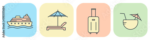 Flat vacation icons of a cruise ship, chaise lounge, suitcase, and cocktail. Vector illustrations for summer design