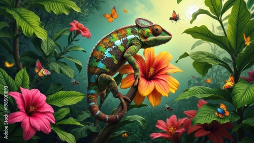 Vibrant image of chameleon in tropical foliage with flowers and butterflies