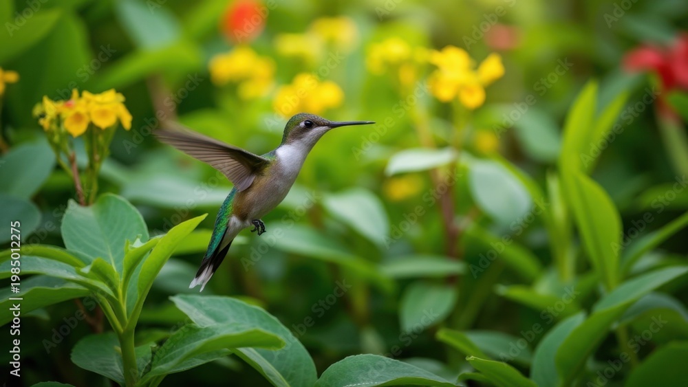 Fototapeta premium Green and blue hummingbird with wings spread wide over blooming flowers.