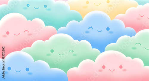 Whimsical pastel clouds a dreamy sky full of cute smiling cloud characters