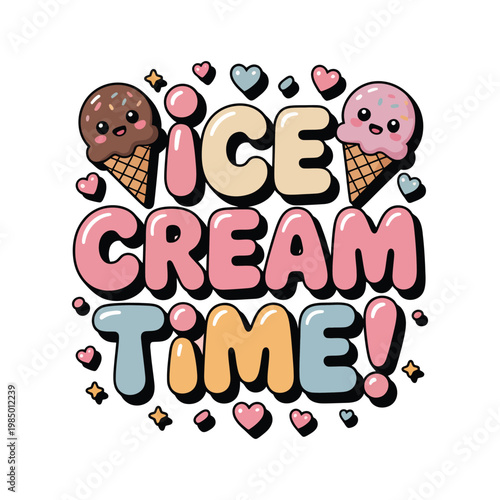 Ice cream cones feature smiling faces and colorful sprinkles displayed alongside bold typography that celebrates a sugary frozen treat in this playful graphic illustration designed for summer fun.