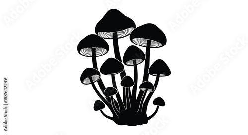 A cluster of dark mushrooms depicted in a striking black silhouette
