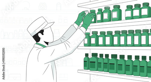 Pharmacist or scientist arranging green bottles on shelves in a laboratory or pharmacy