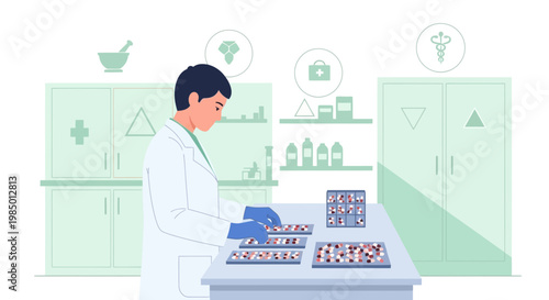 Pharmacist or scientist arranging pills and capsules in laboratory or pharmacy