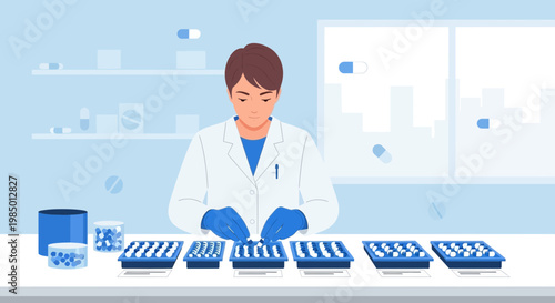 Pharmacist or scientist arranging pills in blister packs in a laboratory or pharmacy setting.