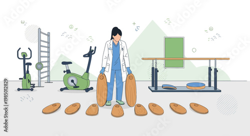 Physical therapist arranging therapy tools for rehabilitation exercises in a clinic