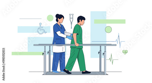 Physical therapist assisting patient walking on parallel bars for rehabilitation