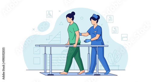 Physical therapist assisting patient walking on parallel bars for rehabilitation and recovery