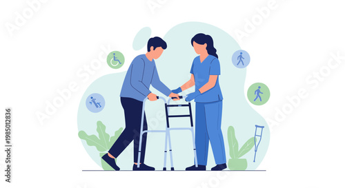 Physical therapist assisting elderly man with walker, rehabilitation and recovery concept