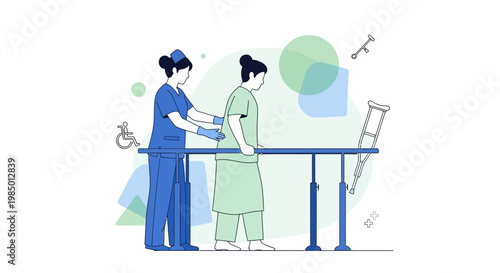 Physical therapist assisting patient walking with parallel bars for rehabilitation and recovery