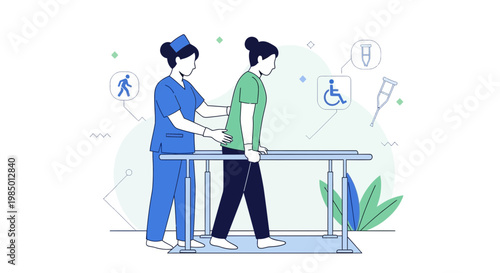 Physical therapist assisting patient walking on parallel bars for rehabilitation