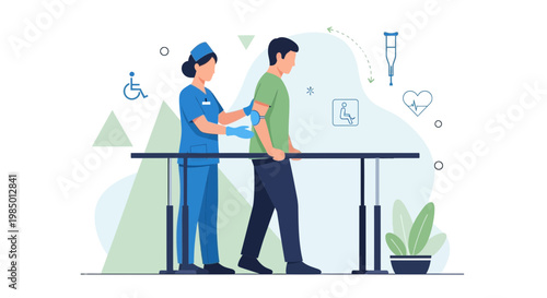 Physical therapist assisting patient walking with parallel bars for rehabilitation and recovery