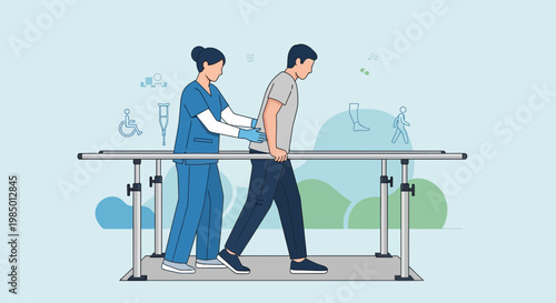Physical therapist assisting patient walking with parallel bars in rehabilitation center
