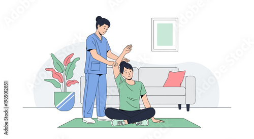 Physical therapist assisting patient with arm exercise in living room setting