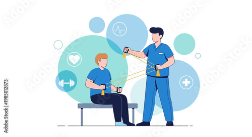 Physical therapist assisting patient with resistance band exercise for rehabilitation and recovery