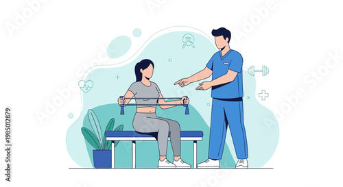 Physical therapist assisting patient with resistance band exercise for rehabilitation and strength.