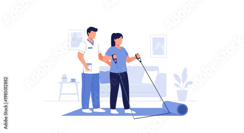 Physical therapist assisting patient with resistance band exercise for rehabilitation and recovery