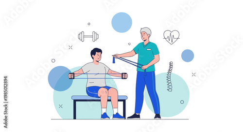 Physical therapist assisting patient with resistance band exercise for shoulder rehabilitation