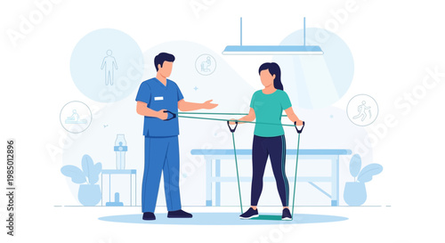 Physical therapist assisting patient with resistance band exercise in clinic