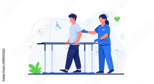 Physical therapy patient walking with nurse support, rehabilitation exercise, medical care concept