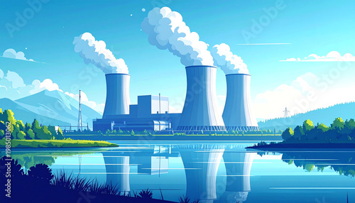 Minimalist vector illustration of a european nuclear power plant