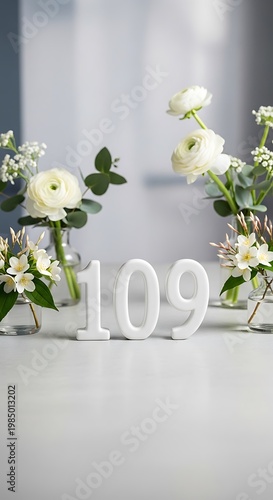 A minimalist white table with flowers and the number 109 displayed prominently