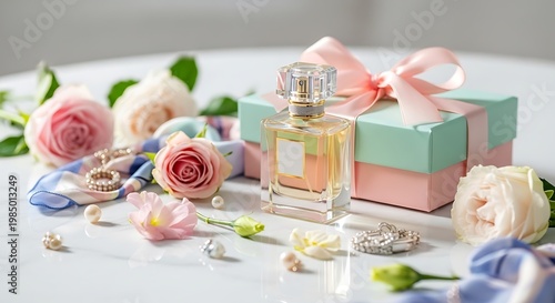 A perfume bottle and gift box surrounded by flowers and jewelry