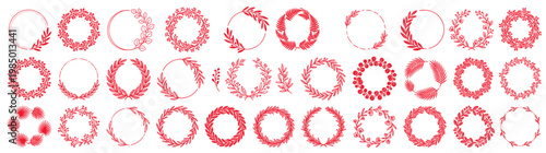 Minimalist Hand Drawn Vector Icons Isolated on White: Pink Leafy Wreaths and Floral Frames