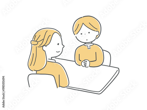 対面で話し合う子供と女性カウンセラー単色