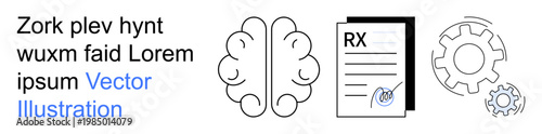 Mental health, healthcare, innovation, problem-solving, medical diagnosis, technology. Brain outline, prescription document and gear symbols. Mental health and healthcare