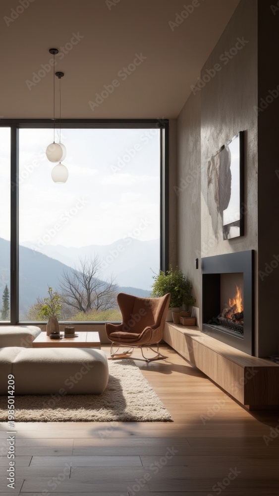 Fototapeta premium This modern living room offers a panoramic mountain view through its large glass door.