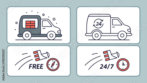 Fast Shipping Truck Icon Collection, Free Delivery, 24h Express Service, Speed Van Symbols on White Background Vector